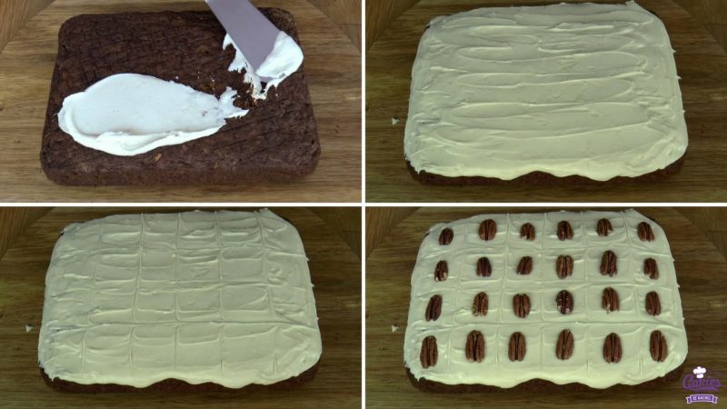 Pompoen cake foto's van het insmeren van de cake met frosting.
