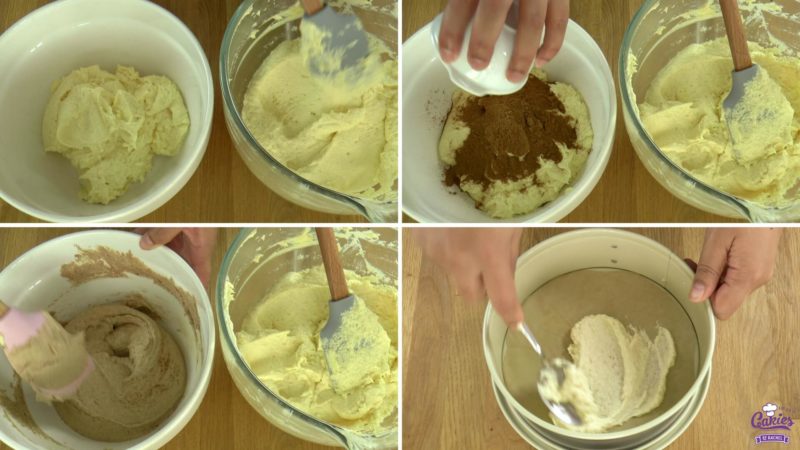 Spekkoek: Beslag in twee porties verdeeld. Spekkoekkruiden toevoegen aan 1 portie. Spekkoekkruiden door beslag mengen. Eerste laag van geel cakebeslag toevoegen aan springvorm.